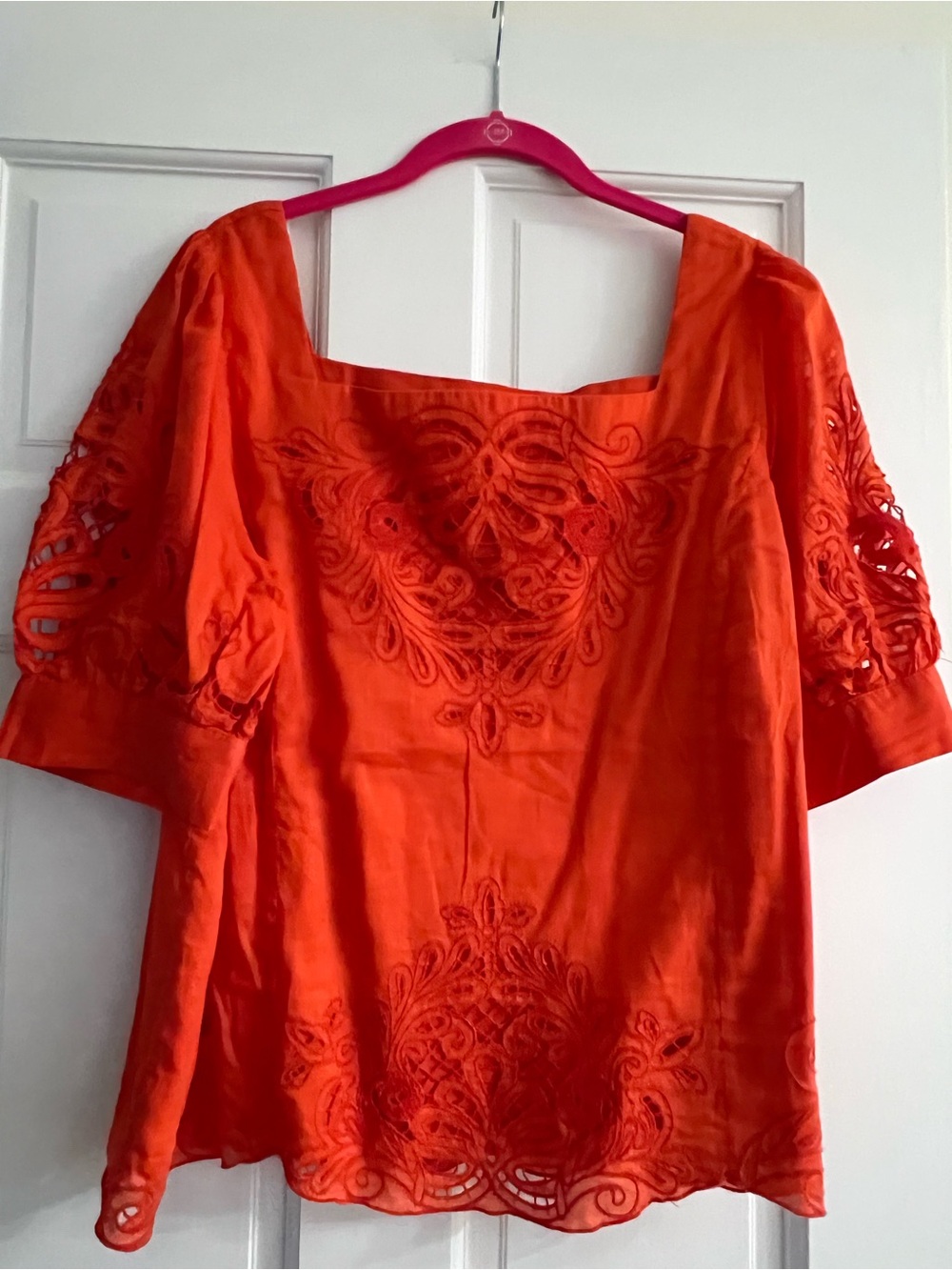 Anthropologie Orange Embroidered Square-Neck Tunic top blouse size L